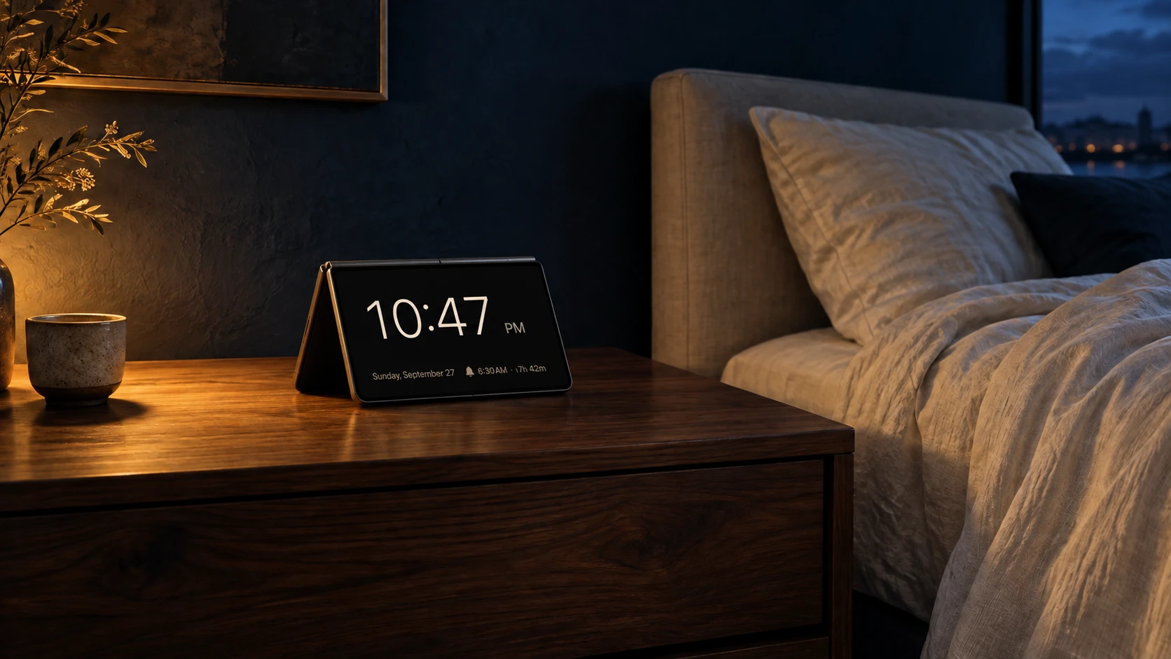 Concept rendering of iPhone Duo in Tent mode on a walnut nightstand, showing the Foldstand clock