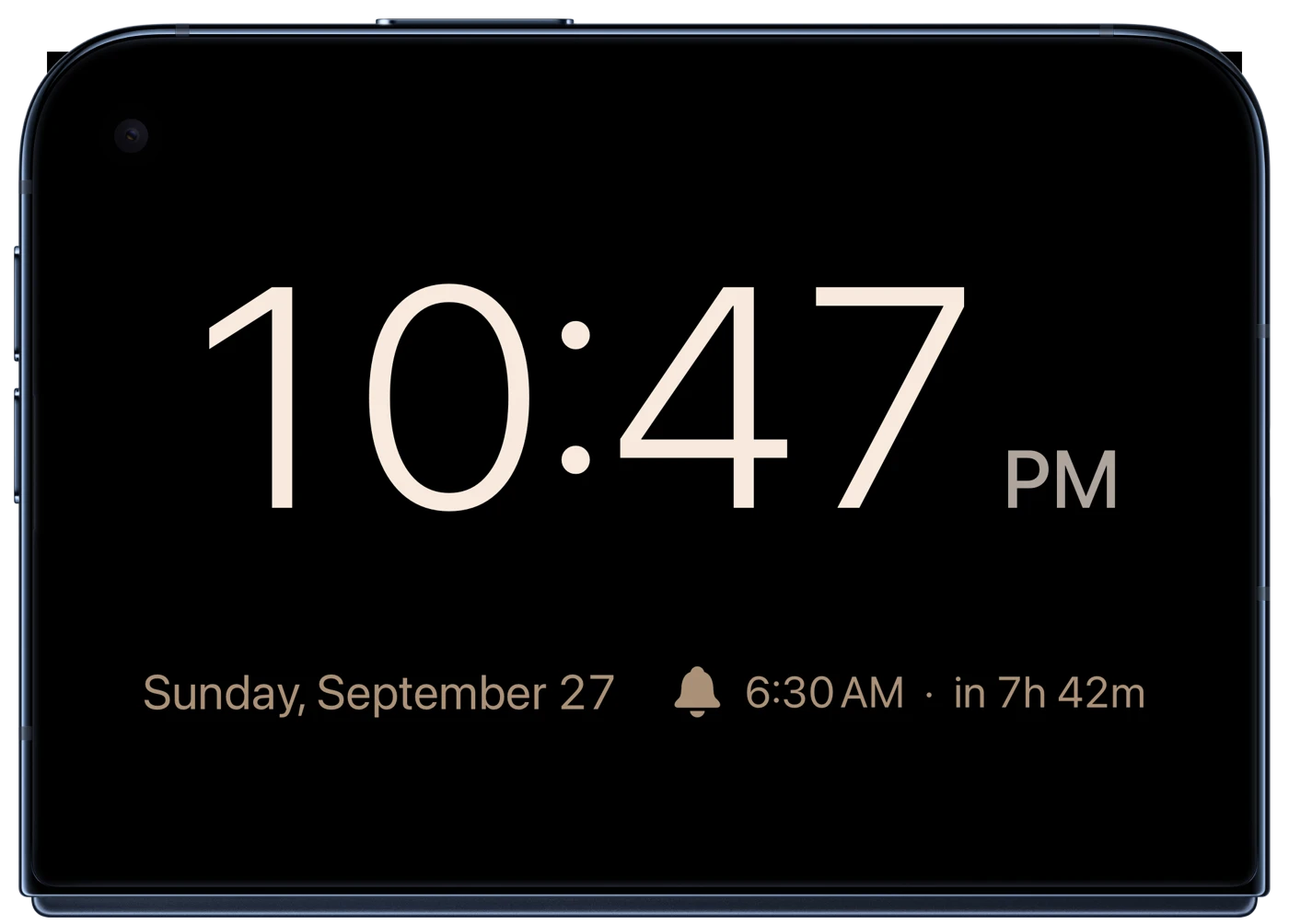Foldstand clock face on iPhone Duo showing 10:47 PM, the date, and a 6:30 AM alarm