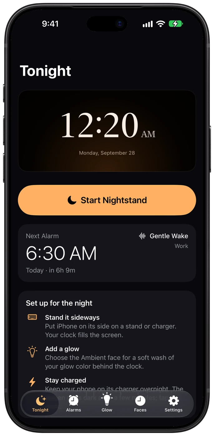 Foldstand Tonight screen on iPhone with Start Nightstand and the next alarm