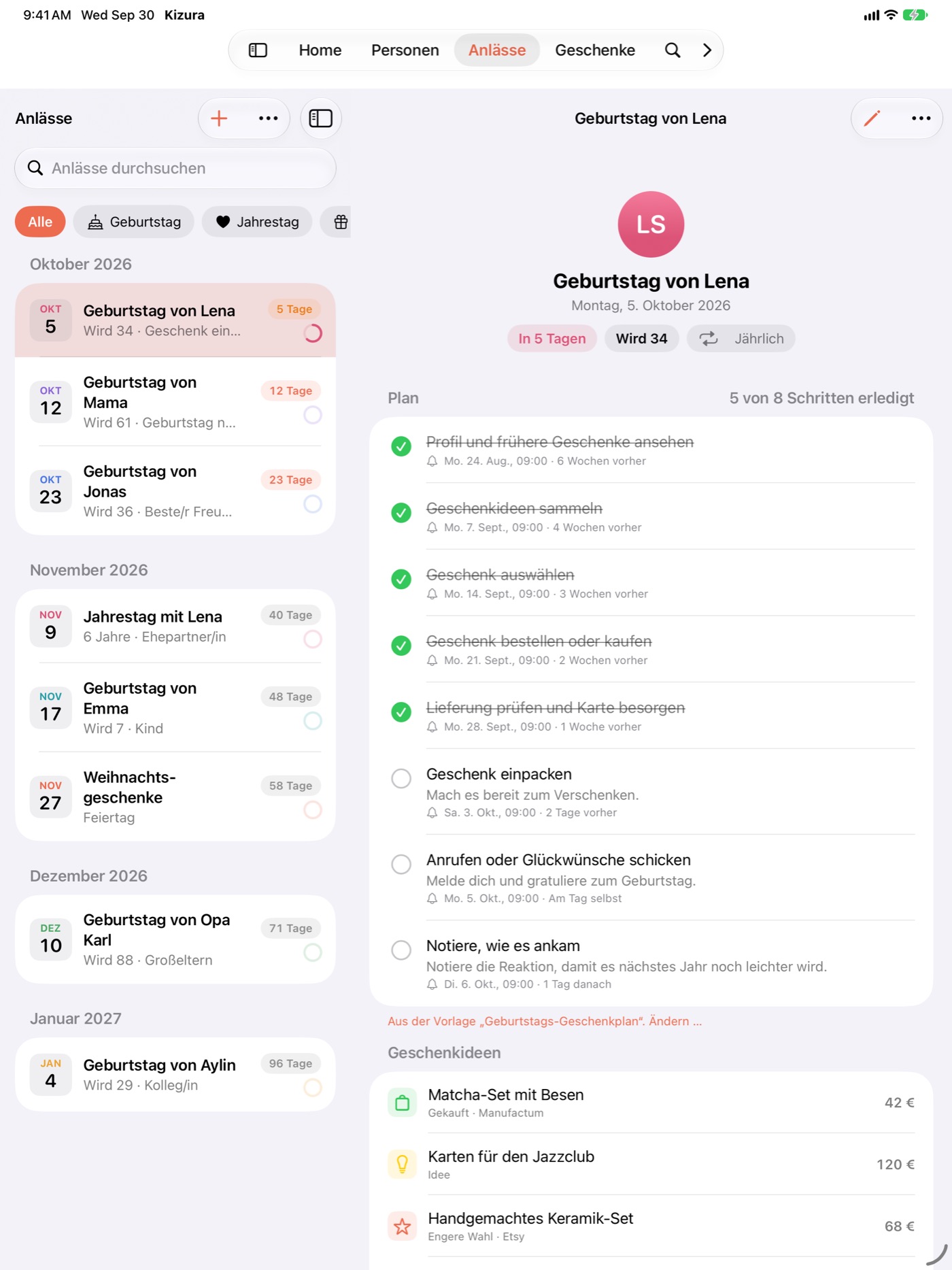 Kizura auf dem iPad, links die Liste der Anlässe, rechts ein Geburtstagsplan