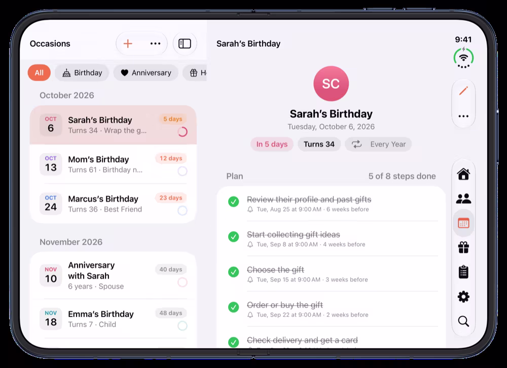 Kizura on the open iPhone Duo, with the occasion list beside a birthday plan