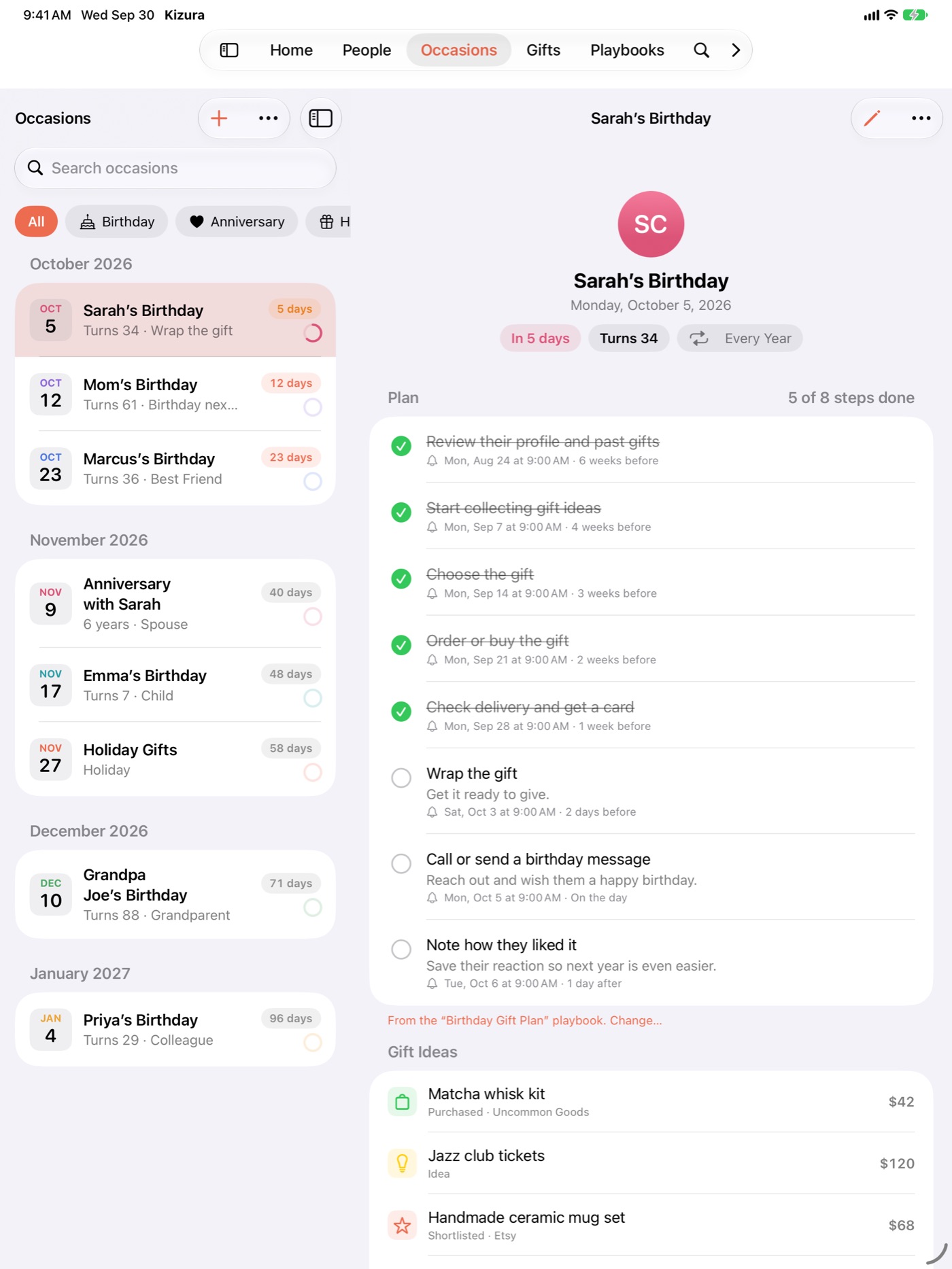 Kizura on iPad, with the occasion list on the left and a birthday plan on the right