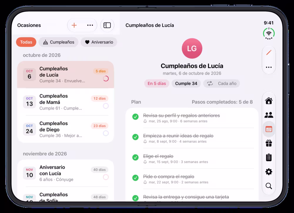 Kizura en el iPhone Duo abierto, con la lista de ocasiones junto a un plan de cumpleaños
