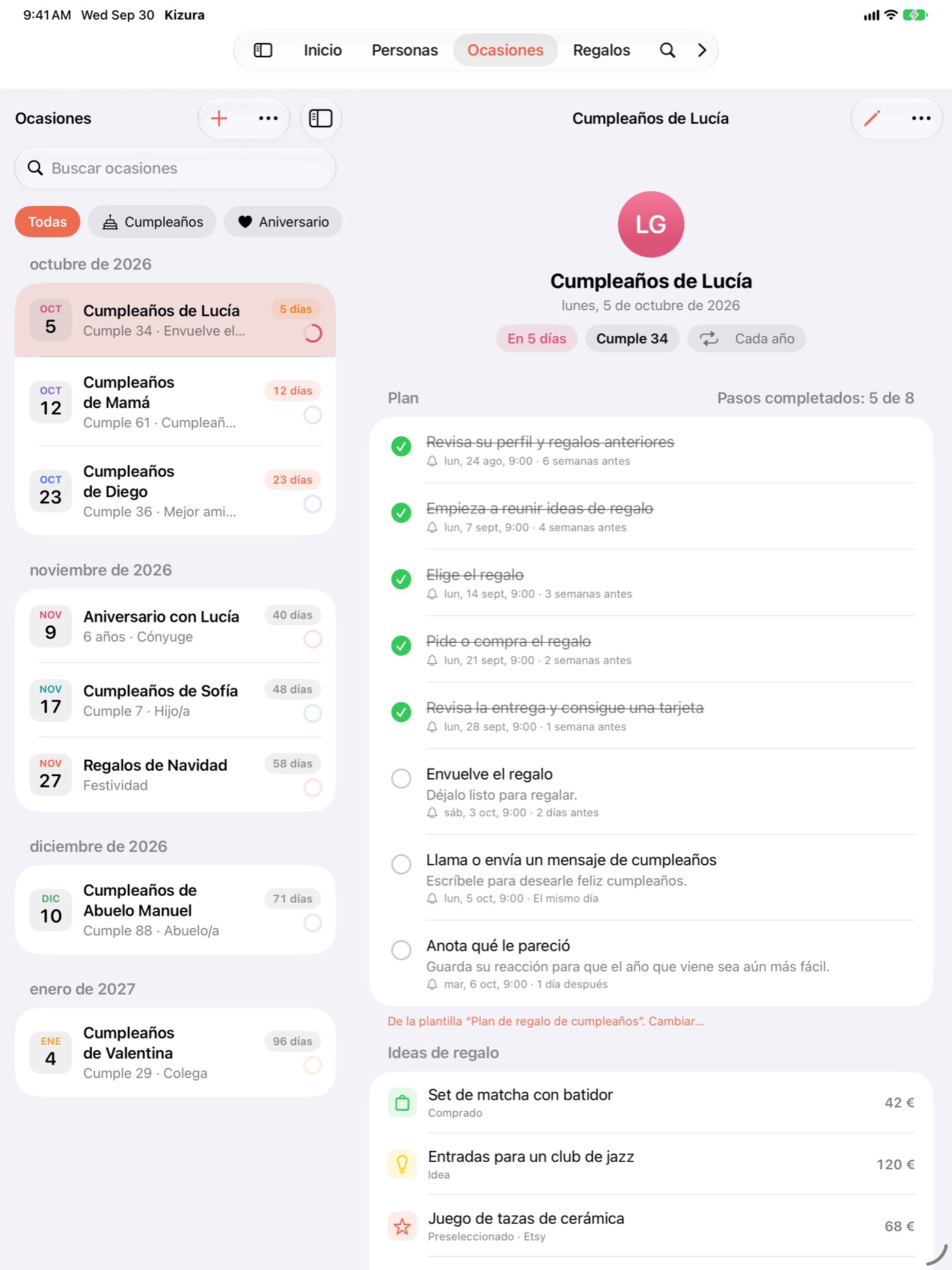 Kizura en el iPad, con la lista de ocasiones a la izquierda y un plan de cumpleaños a la derecha