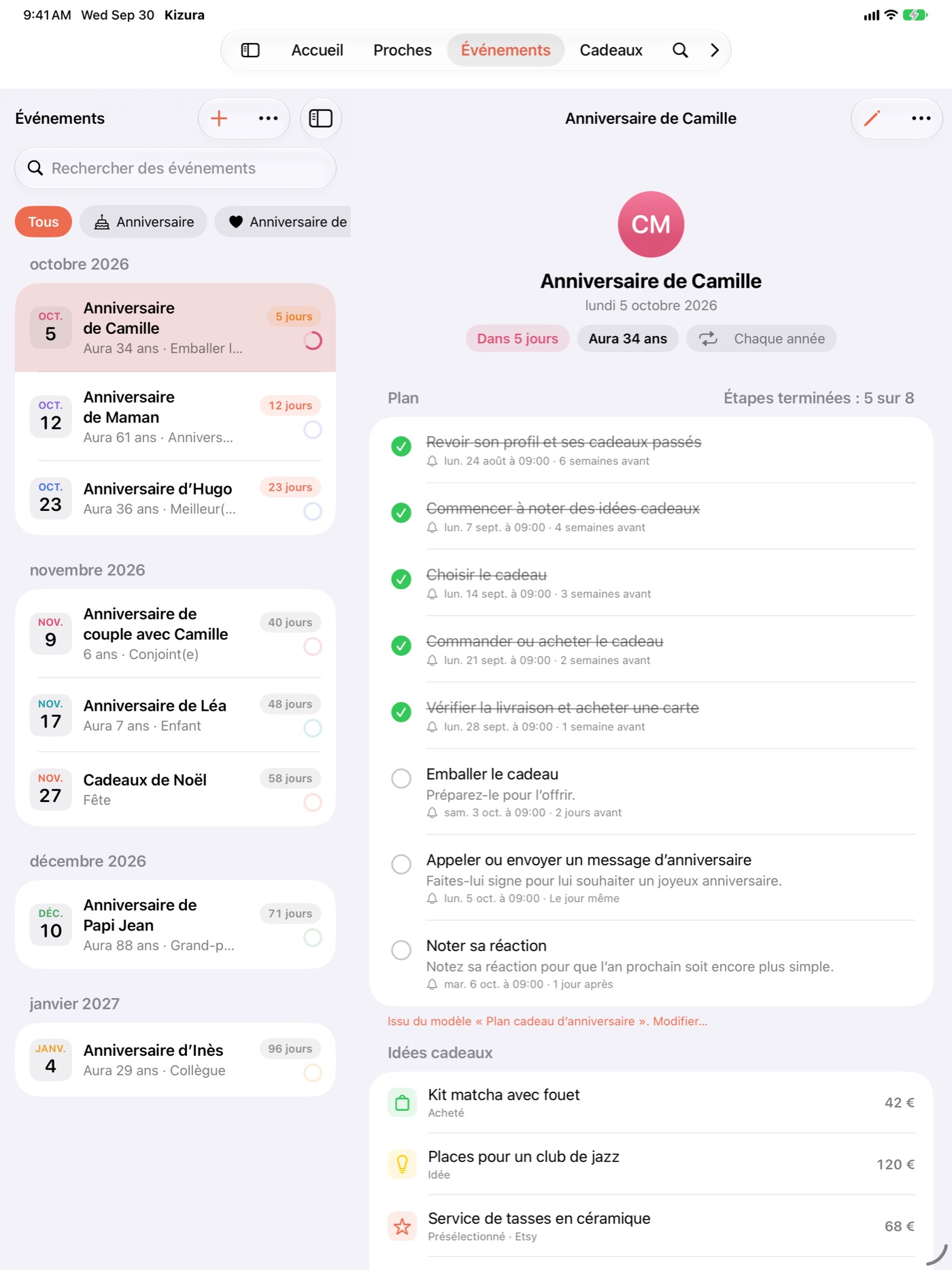 Kizura sur iPad, avec la liste des événements à gauche et un plan d’anniversaire à droite